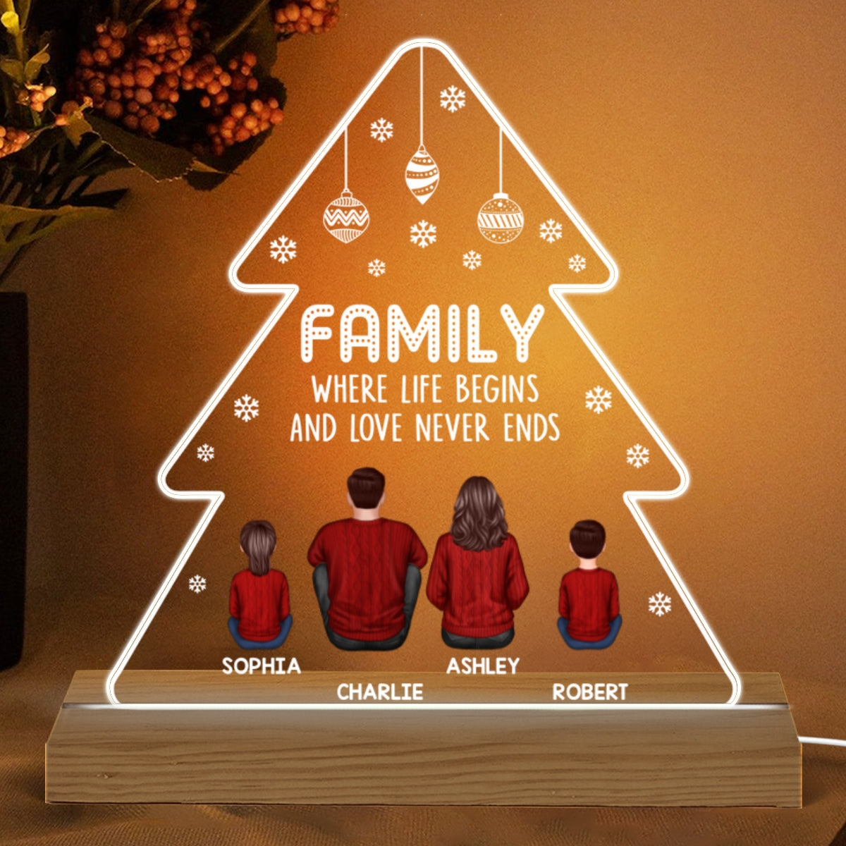 Family Back View Personalized Christmas Tree Shaped Acrylic Plaque With LED Night Light