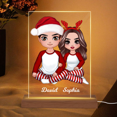 Christmas Doll Couple Sitting Hugging Personalized Acrylic LED Night Light