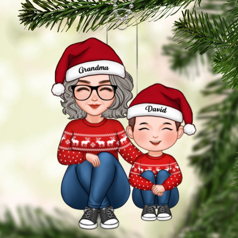 Cute Grandma Grandkid Sitting Together Christmas Gift For Granddaughter Grandson Personalized Acrylic Ornament