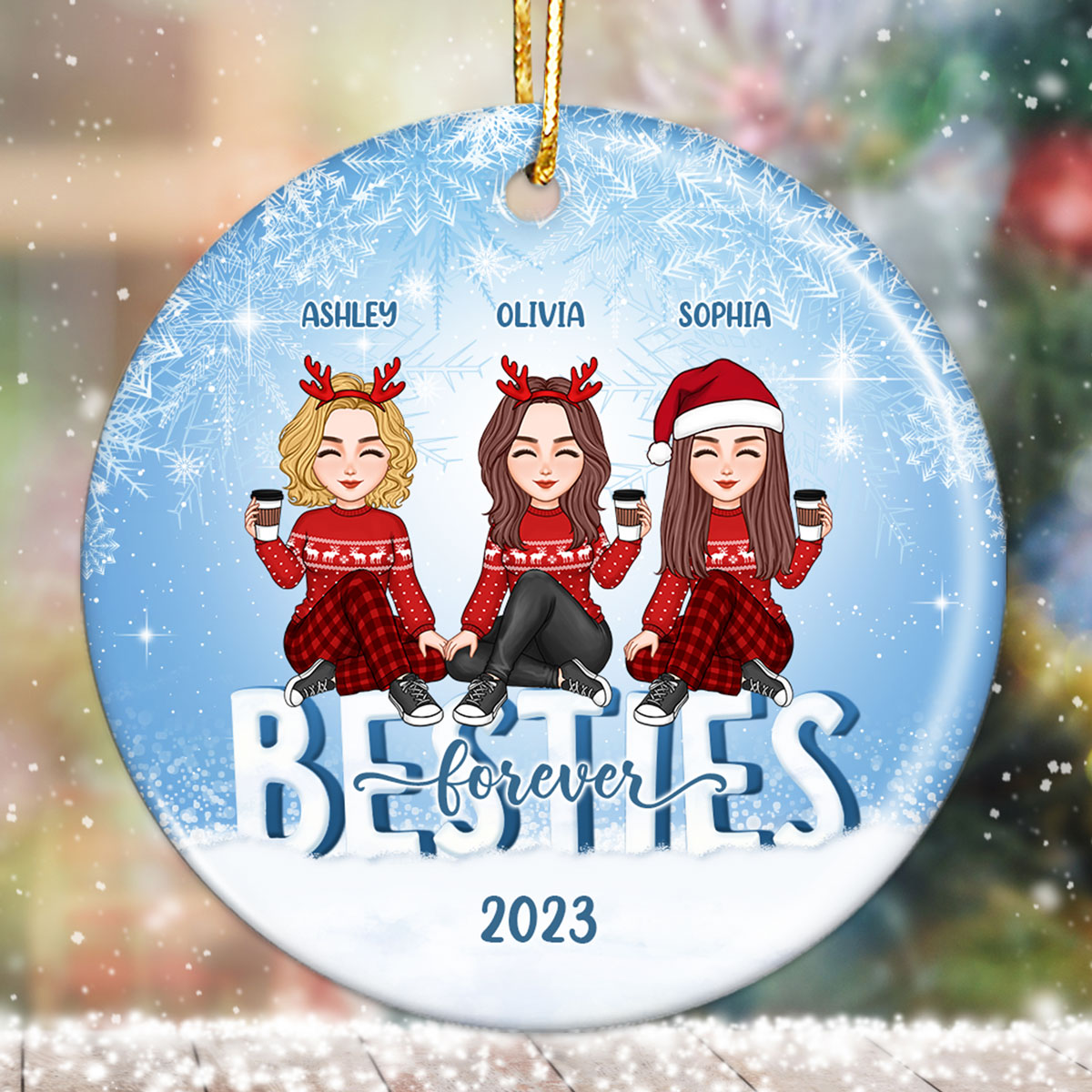 Cute Besties Sisters Sitting On Iced Text Personalized Circle Ornament