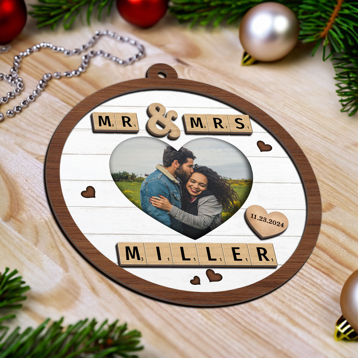 Mr & Mrs First Christmas Engaged Married Word Art Personalized 2-Layer Wooden Ornament