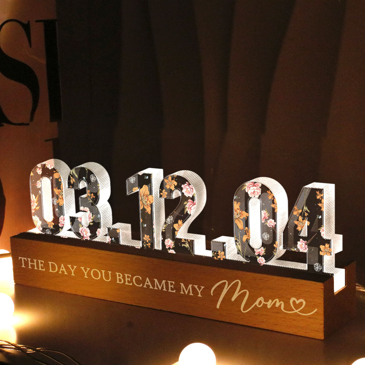 The Day You Became My Mom Birth Month Flower Personalized Acrylic Block LED Night Light, Mother's Day, Birthday Gift for Mom