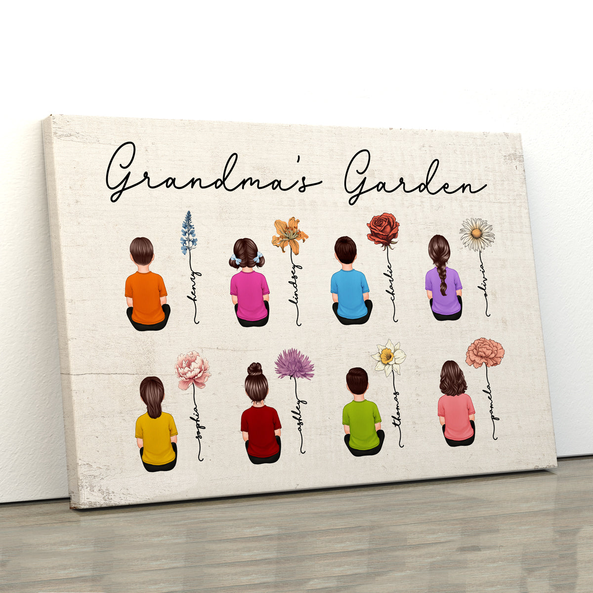 Grandkids Sitting Grandma Garden Vintage Birth Month Flowers Mother‘s Day Gift Personalized Canvas