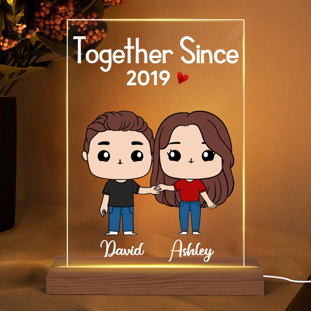 Cute Chibi Couple Together Gift For Him For Her Personalized Rectangle Acrylic Plaque LED Night Light
