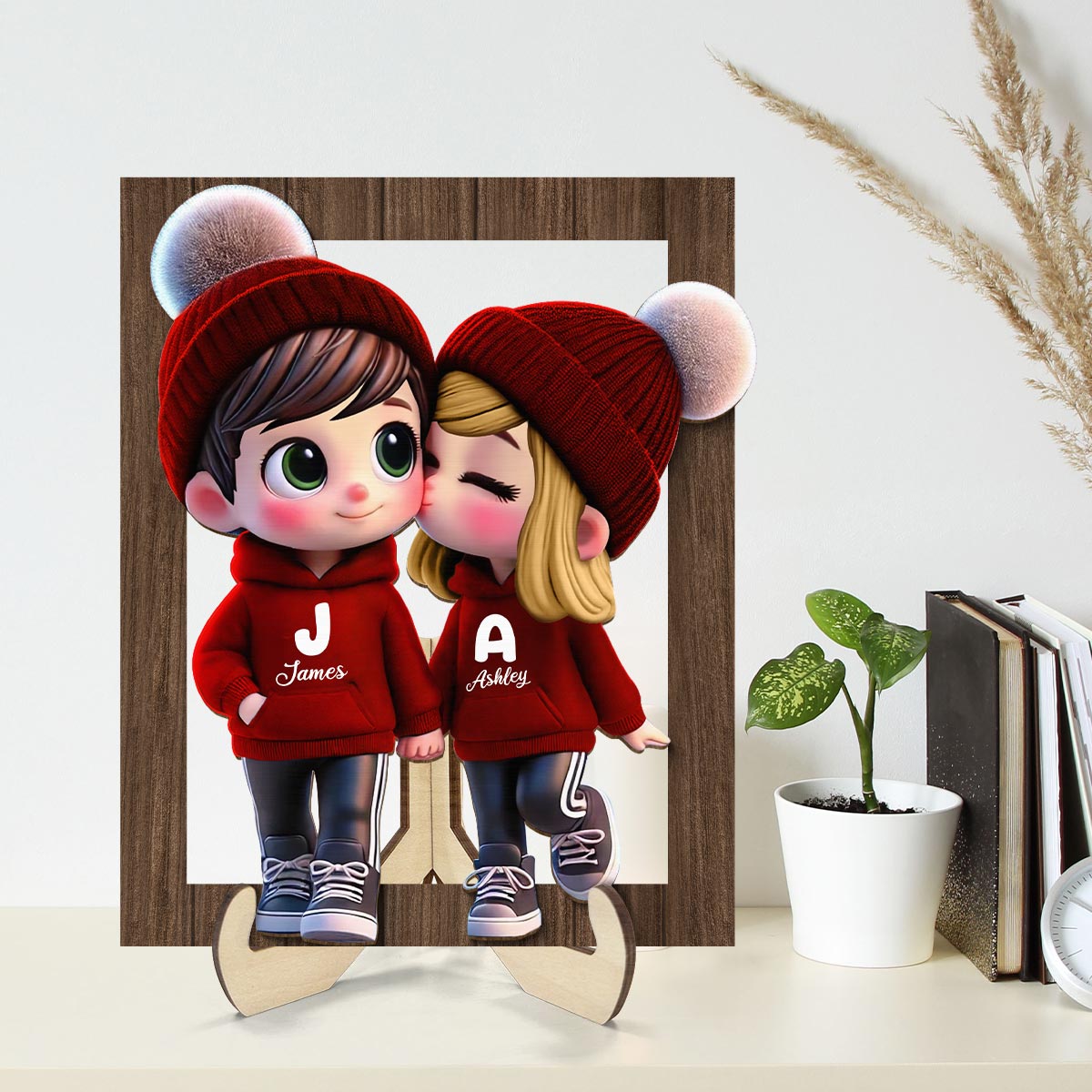 3D Effect Cute Cartoon Couple Walking Personalized 2-Layered Wooden Plaque,  Gift for Him, Gift for Her