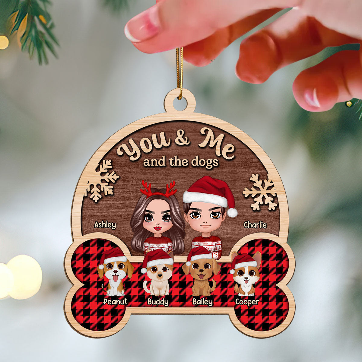 You Me And The Cute Dogs Checkered Patterned Personalized Wooden Ornament