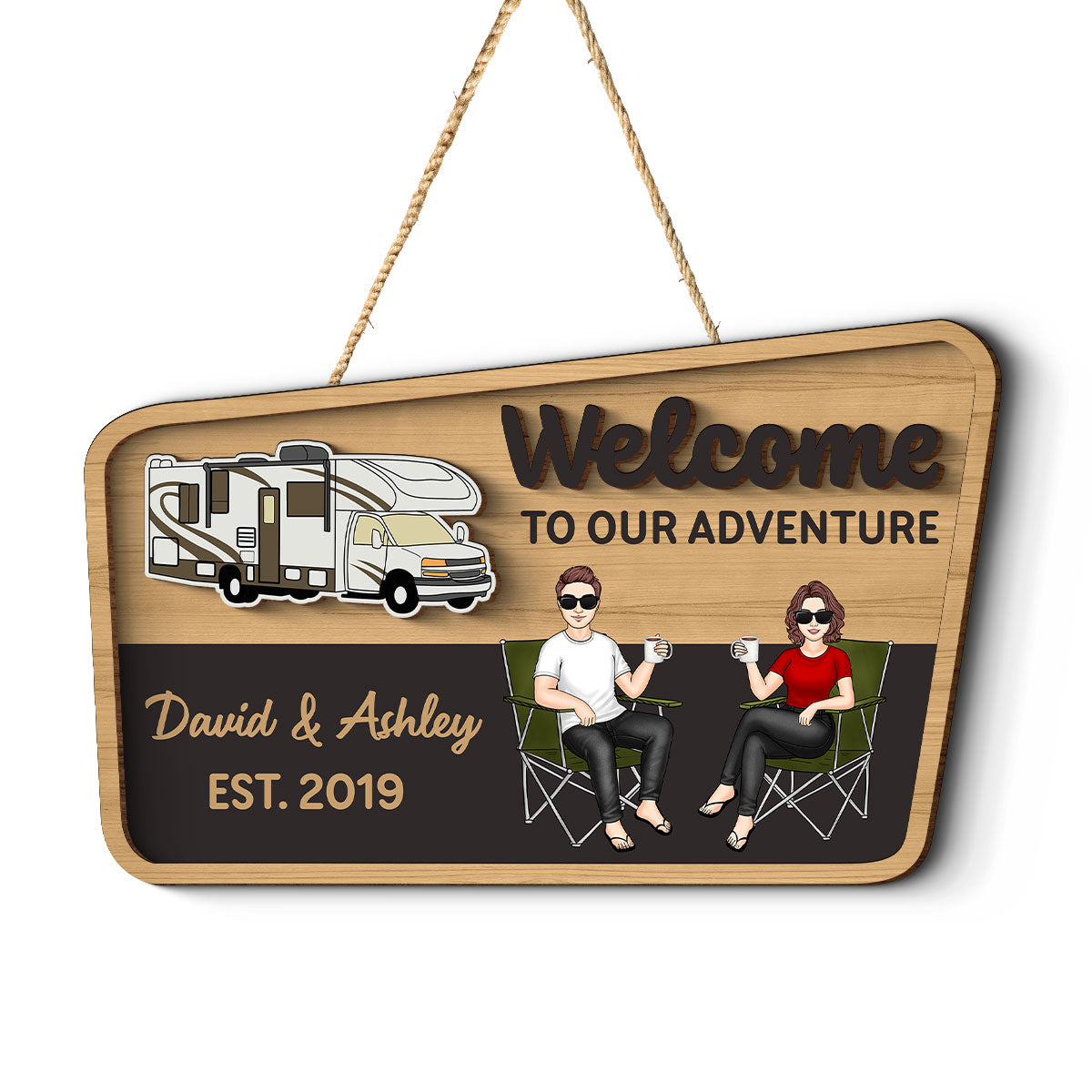 Welcome To Our Adventure Camping Life Personalized 2-Layer Wooden Door Sign, Outdoor Sign Home Decor
