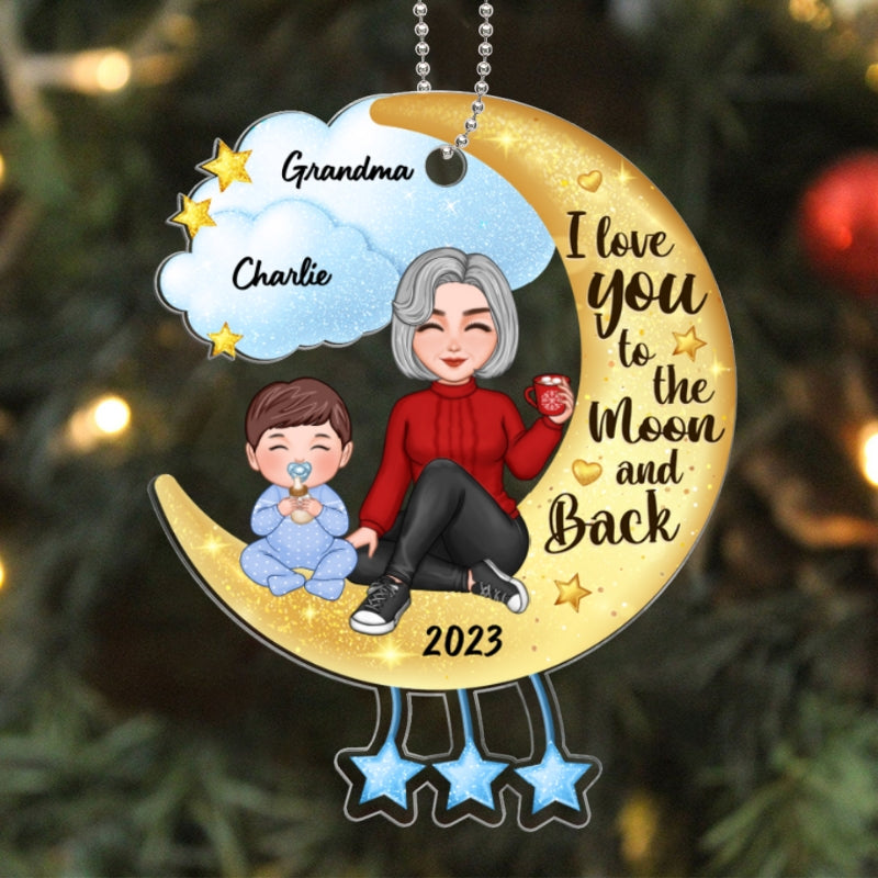 Cute Grandma & Grandkid Sitting On Moon And Cloud Personalized Acrylic Ornament