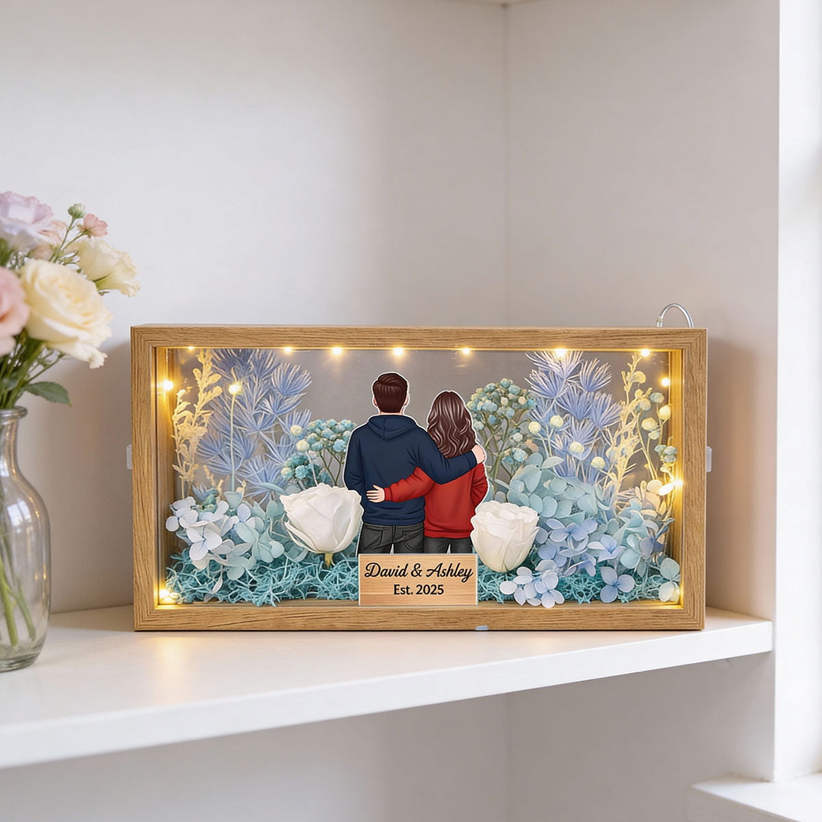 Eternal Love Back View Couple - Personalized DIY Flower Shadow Box LED Night Light - Gift For Couple, For Him, For Her