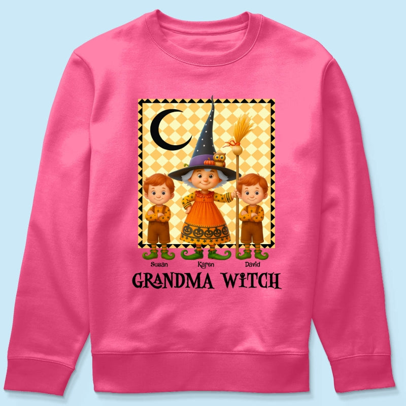 Grandma Witch & Cute Grandkids Personalized Sweatshirt, Halloween Cozy Fall Sweatshirt for Grandma