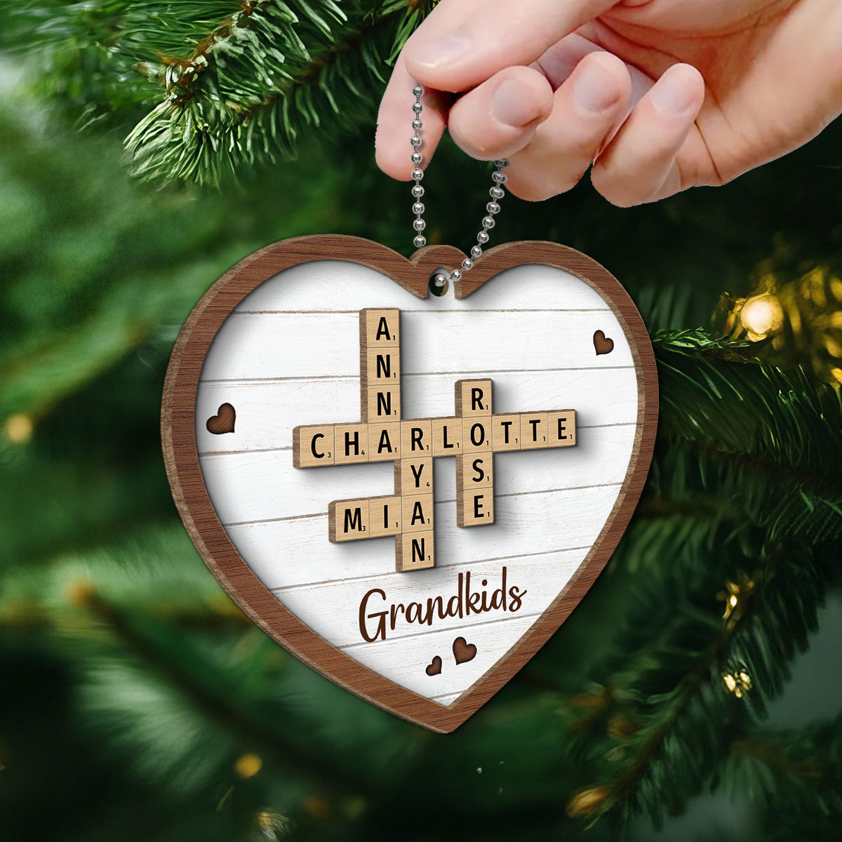 Grandkids Crossword Puzzle Art - Personalized 2-Layered Wooden Ornament - Christmas Gift For Mom, Gift For Grandma