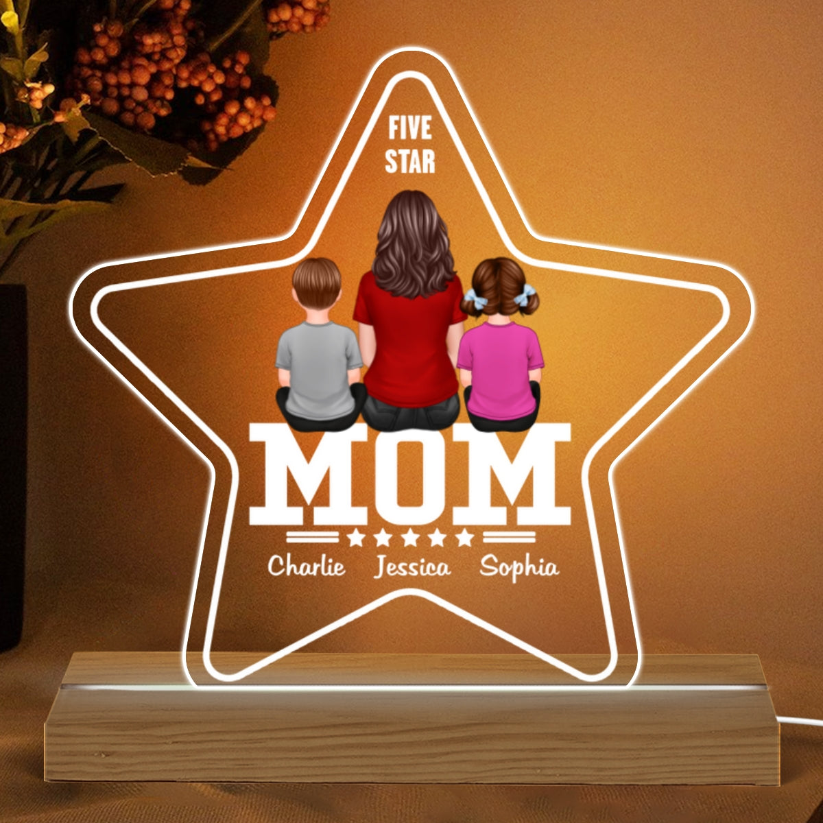 Five - Star Mom Back View Mom And Kids Personalized Acrylic Custom Shape LED Night Light