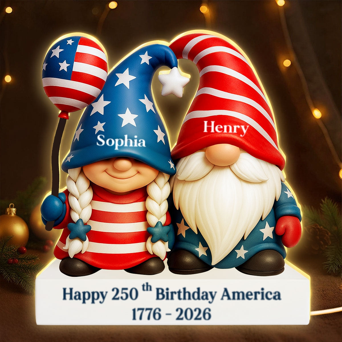 250th Anniversary American Gnome Couple - Personalized Light Box - Perfect Christmas Gift for Couple, for Her, for Him