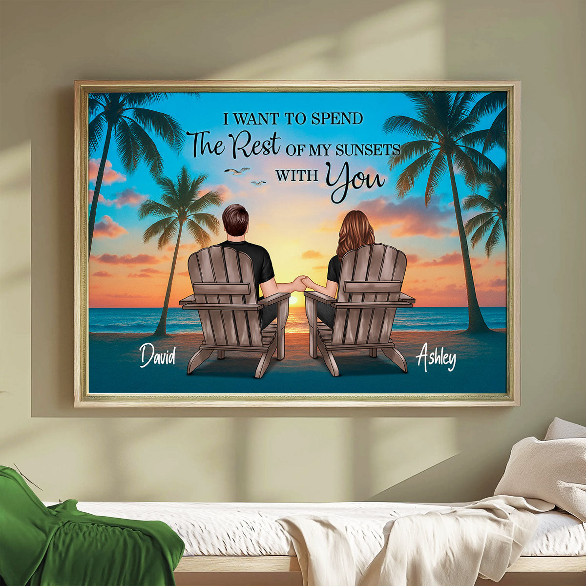 Couple Beach Sunset Under Tree Palm Personalized Poster, Anniversary gift for him, for her