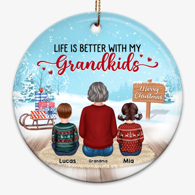 Grandma & Grandkids In Snow Personalized Circle Ornament