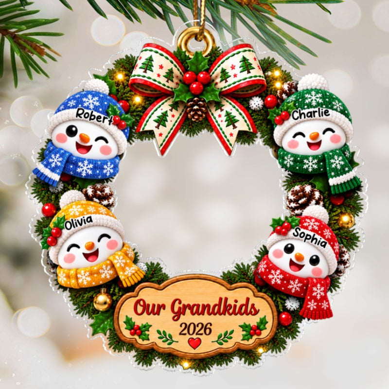 Our Grandkids Snowman Christmas Wreath 2026 - Personalized Acrylic Ornament - Christmas Gift For Kids, Grandkids