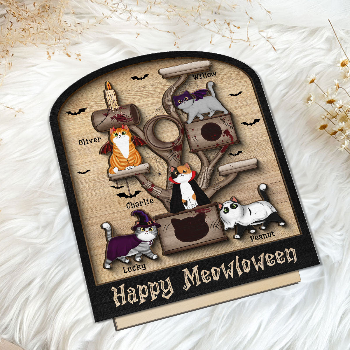 Halloween Cat Tree Cat Lover Tier Tray Decor Personalized 2-Layer Standing Wooden Plaque