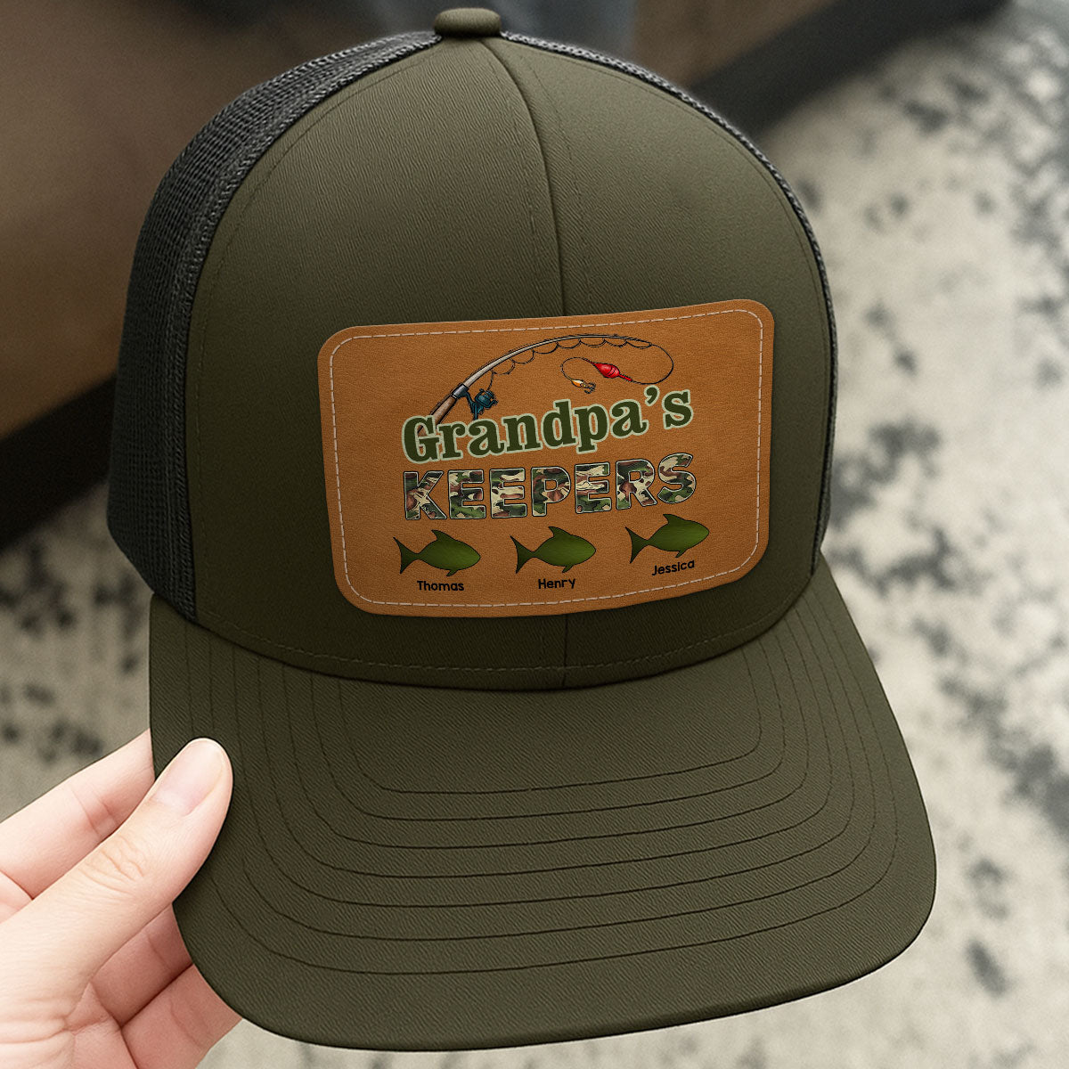 Grandpa‘s Keepers Fishing Camouflage Personalized Leather Patch Hat