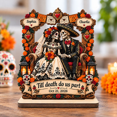 Skeleton Couple Till Death Do Us Part 2D Flat - Personalized 2-Layered Wooden Plaque - Skull Decor Wedding Gift for Couple, Gothic Home Decor, Dia de los Muertos, Day of the Dead Gift
