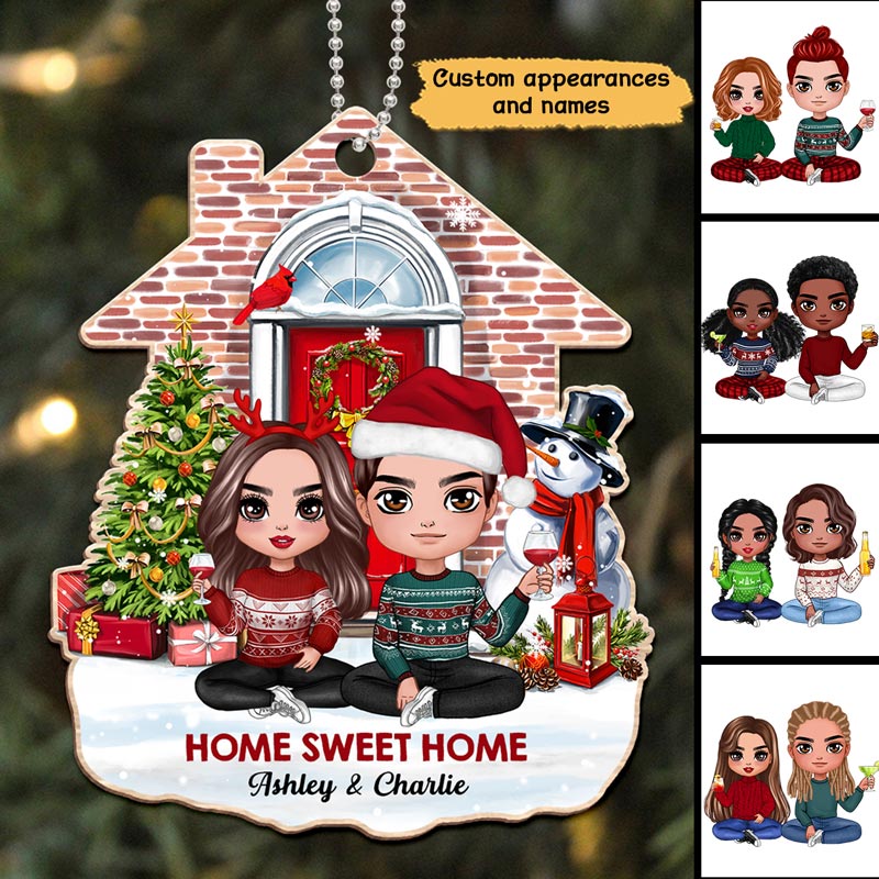 Christmas Doll Couple Sitting In Front Of The House Personalized Wooden Ornament