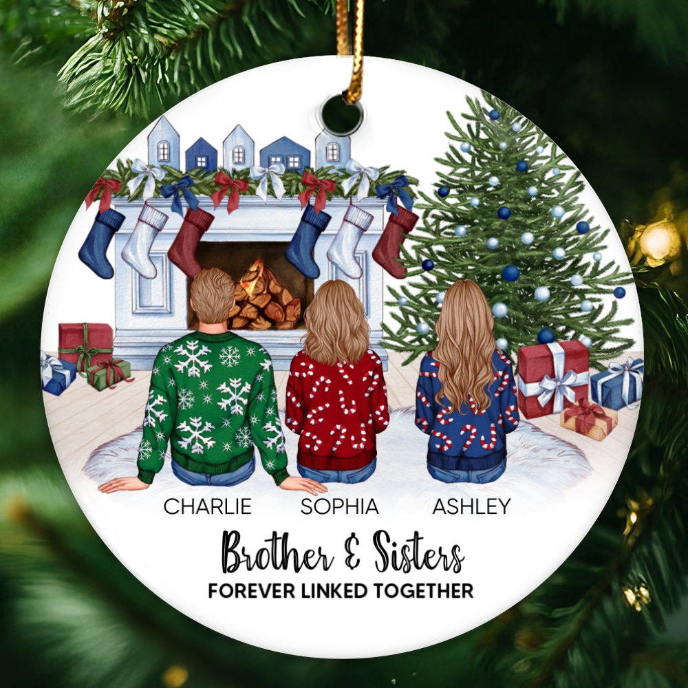 Personalized Siblings Christmas Tree Cozy Fireplace Ornament, Personalized Brothers and Sisters Ornament, Siblings Gift