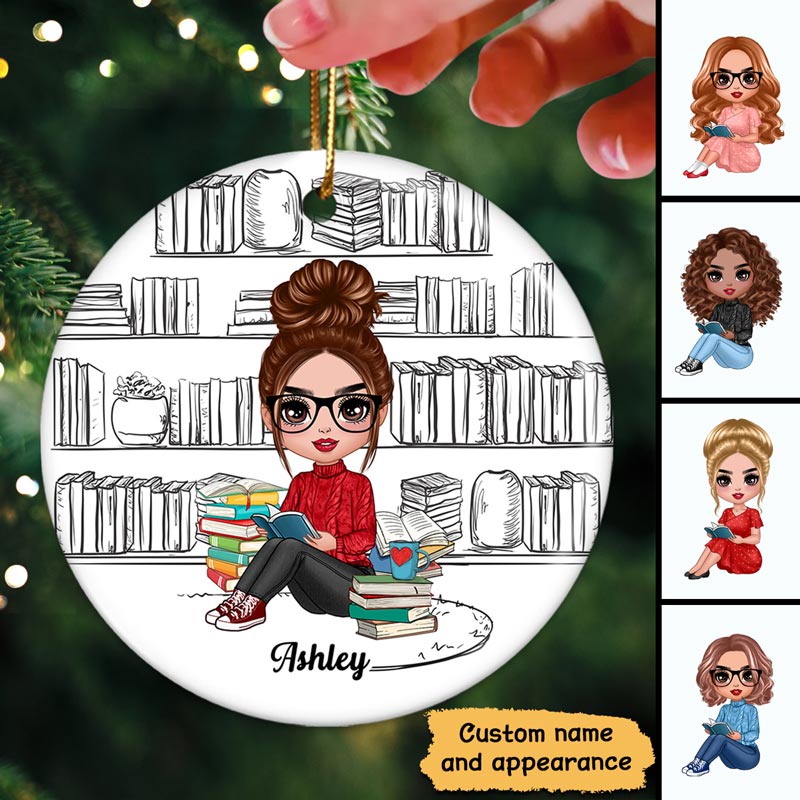 Reading Book Girl Outline Background Personalized Circle Ornament