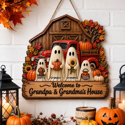 Welcome To Grandpa Grandma Ghost Farmhouse - Personalized Wood Sign - Halloween Decor Gift, Gift For Grandma Grandpa