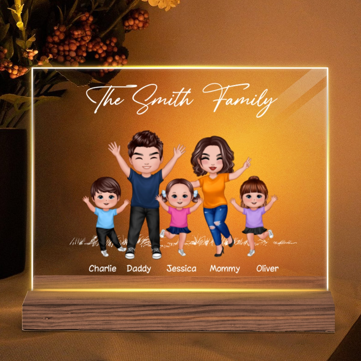 Happy Doll Family Couple Kid Dog Cat Personalized Custom Shaped Acrylic Plaque With LED Night Light