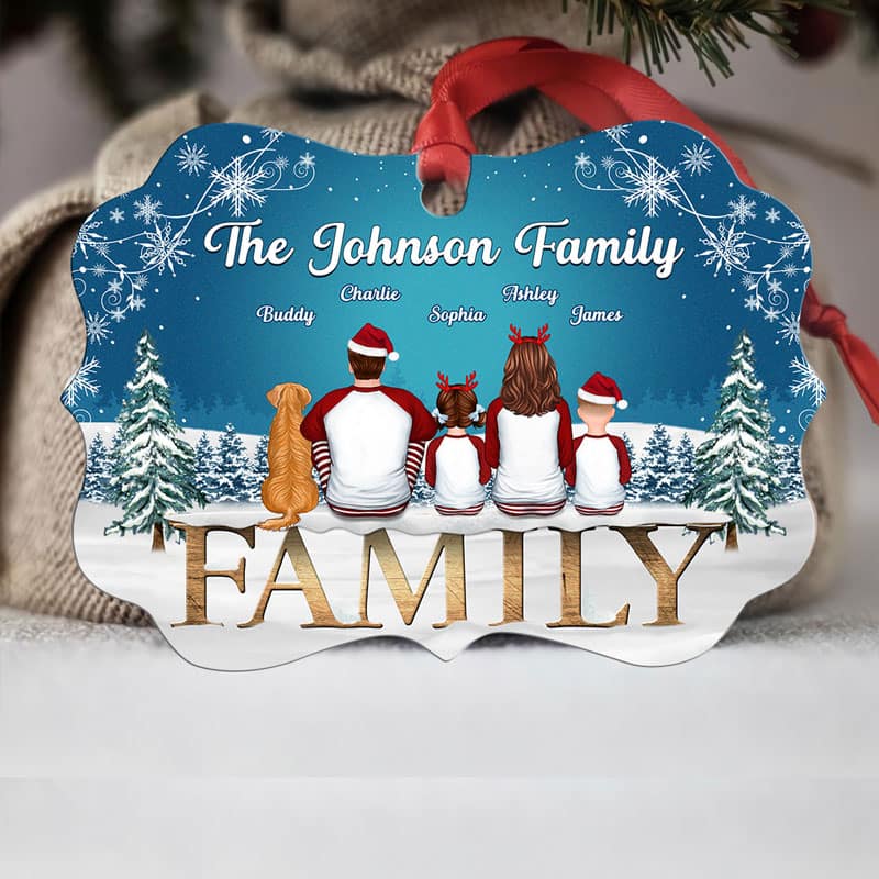 Pajamas Family Sitting On Word Snow Blue Background Personalized Christmas Ornament