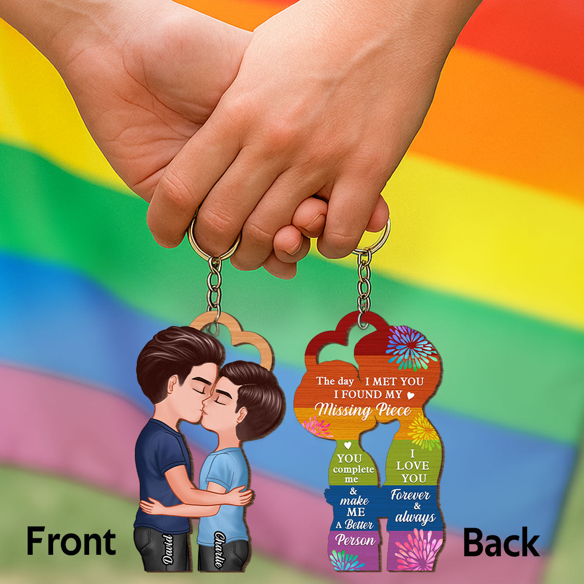 LGBTQ Couple Kissing Personalized Wooden Keychain, Pride Month Gift