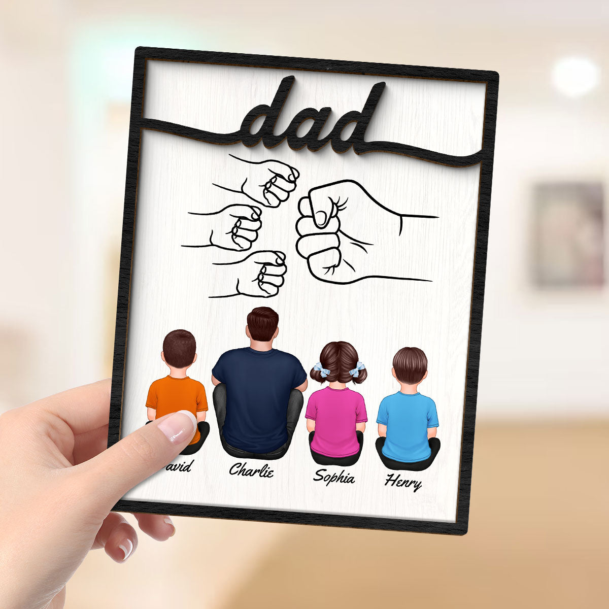 Dad And Kids Fist Bump Personalized 2-Layer Wooden Plaque
