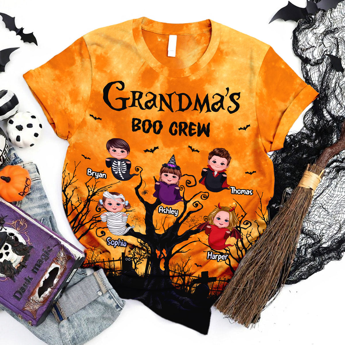 Grandma's Boo Crew Moon Bat Tree Theme Personalized Shirt, Perfect Halloween Costume for Grandma