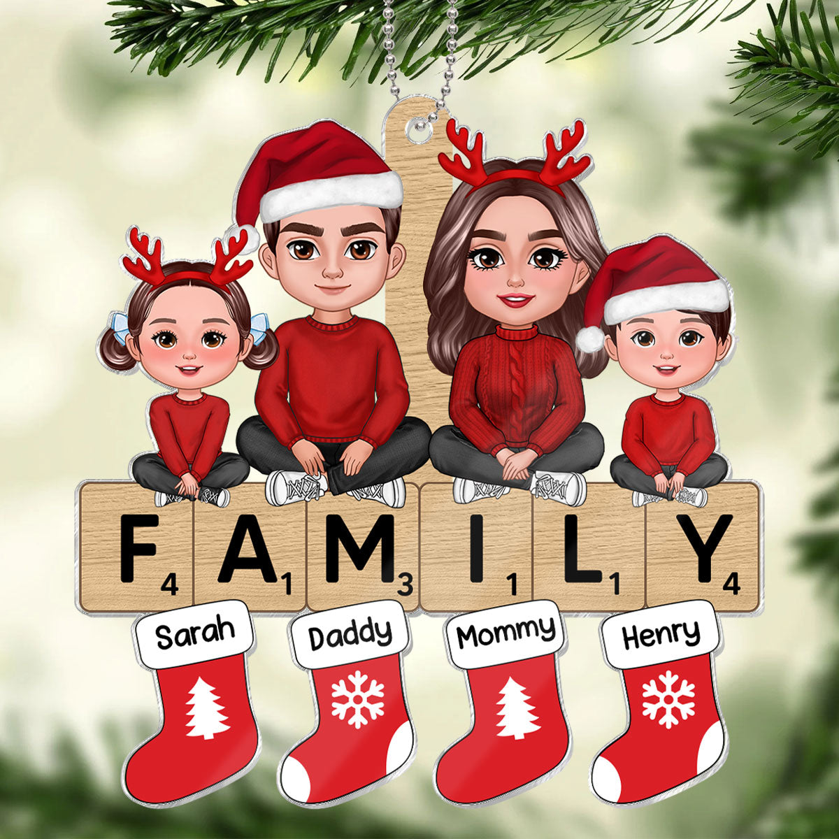 Doll Family Sisting On Word Puzzle Personalized Acrylic Ornament, Christmas Decoration