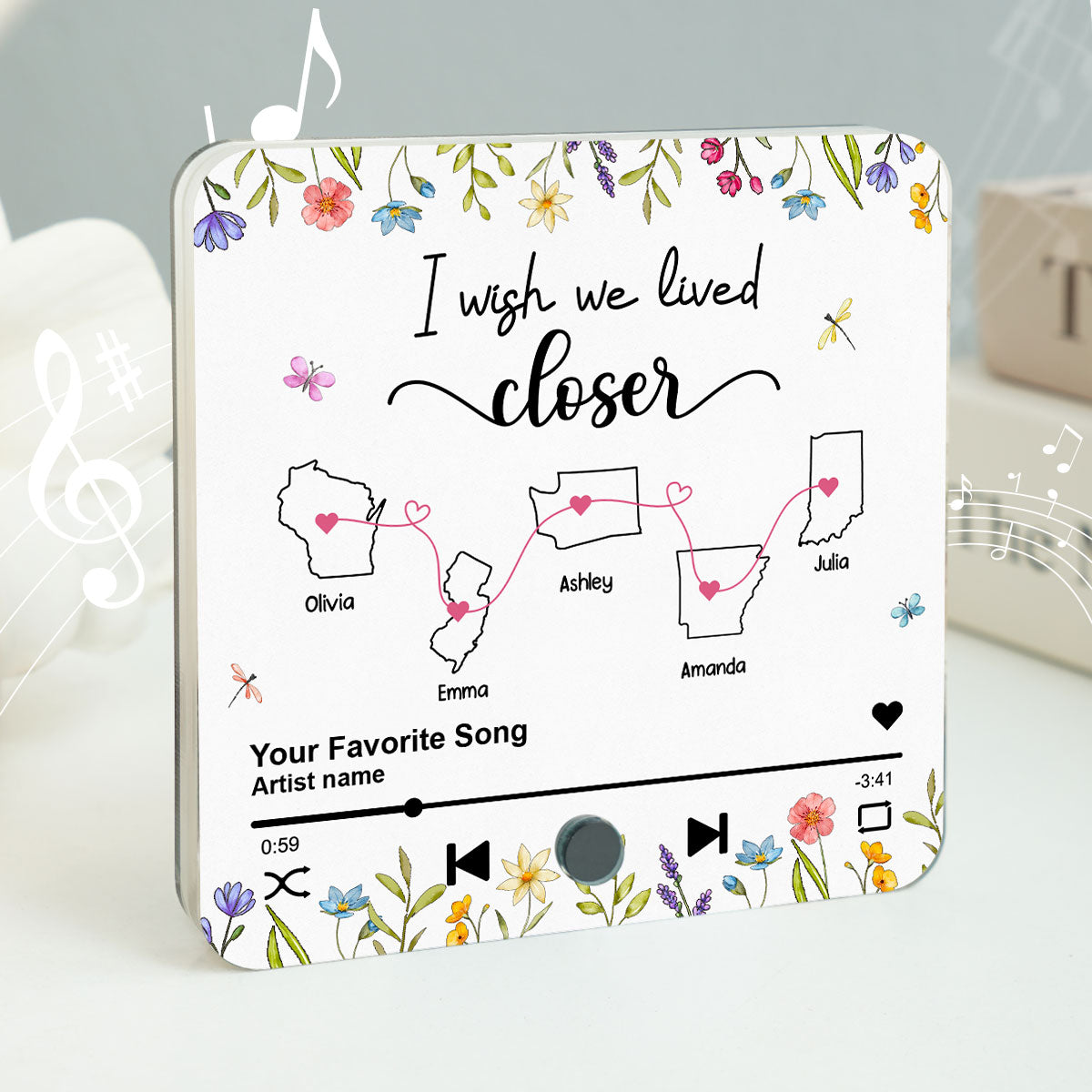 I Wish We Lived Closer Floral Personalized Custom Music Fridge Magnet, Mother Daughter, Best Friends, Siblings