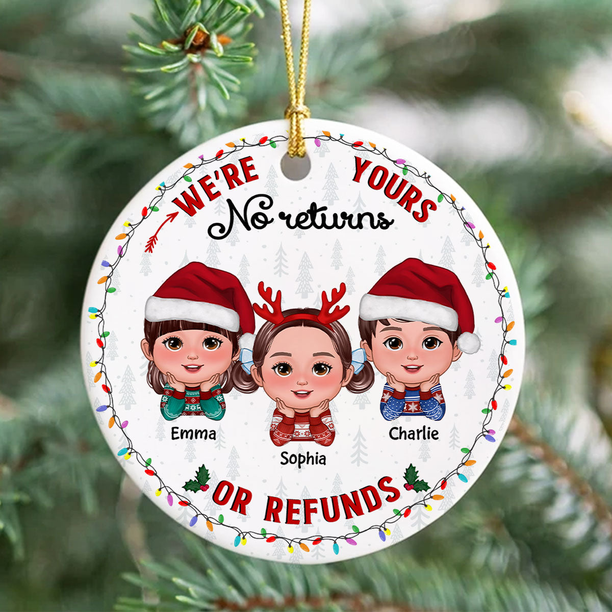 No Returns Or Refunds Grandkids Christmas Light Frame Personalized Circle Ceramic Ornament