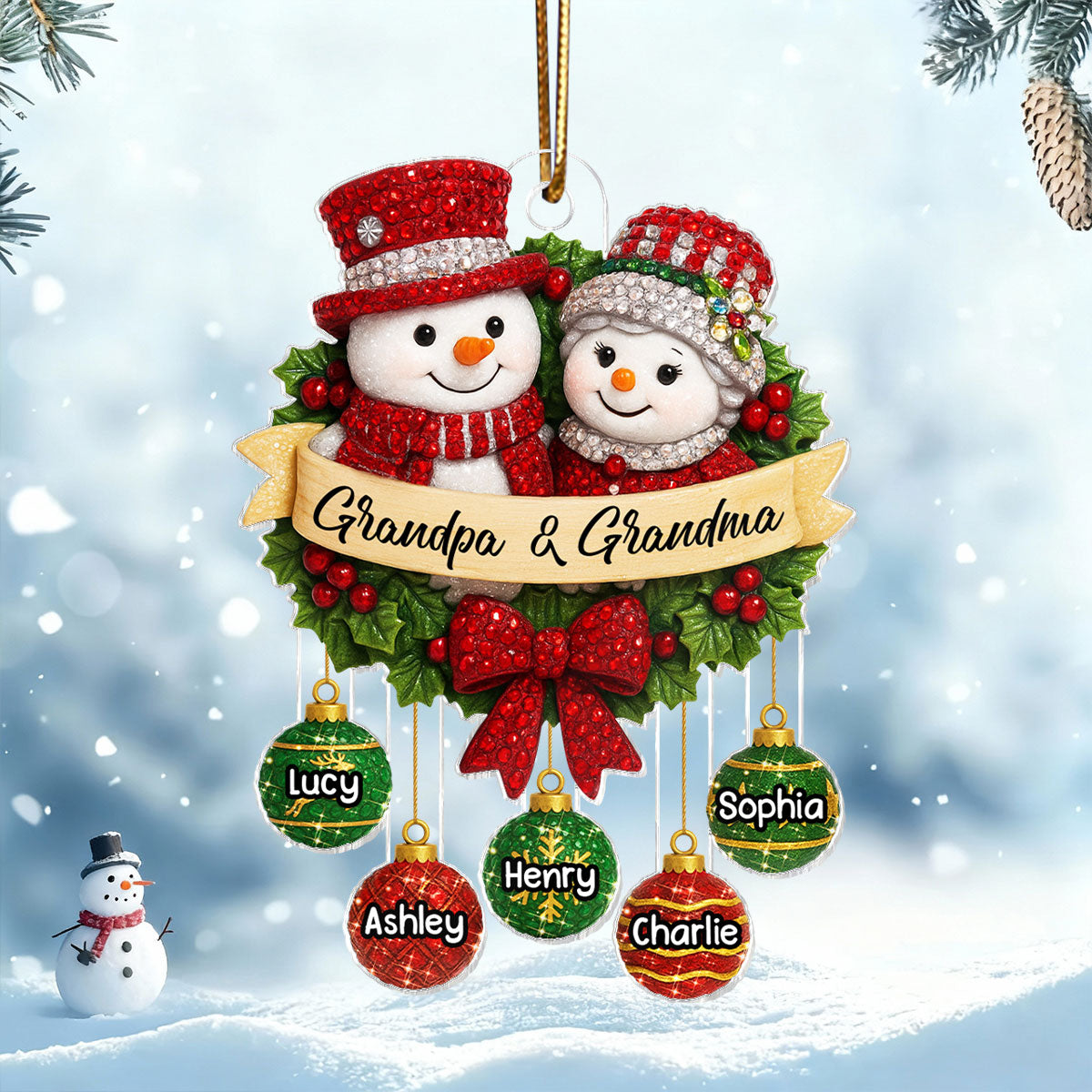 Snowman Grandparents on Christmas Wreath 3D Crystal Effect - Personalized Acrylic Ornament - Christmas Gift for Grandma, Grandpa