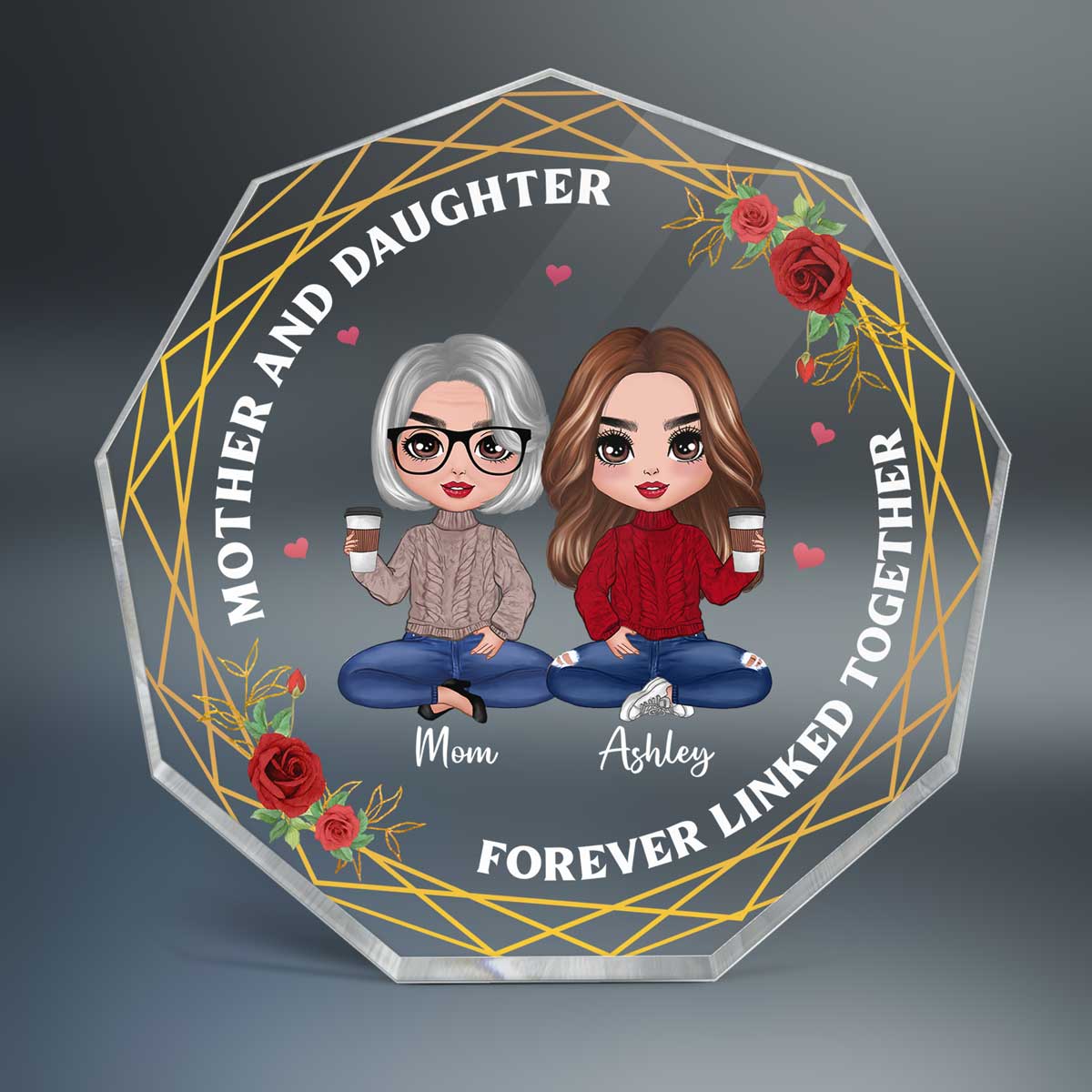 Floral Frame Doll Mother Daughters Personalized Nonagon Acrylic Plaque