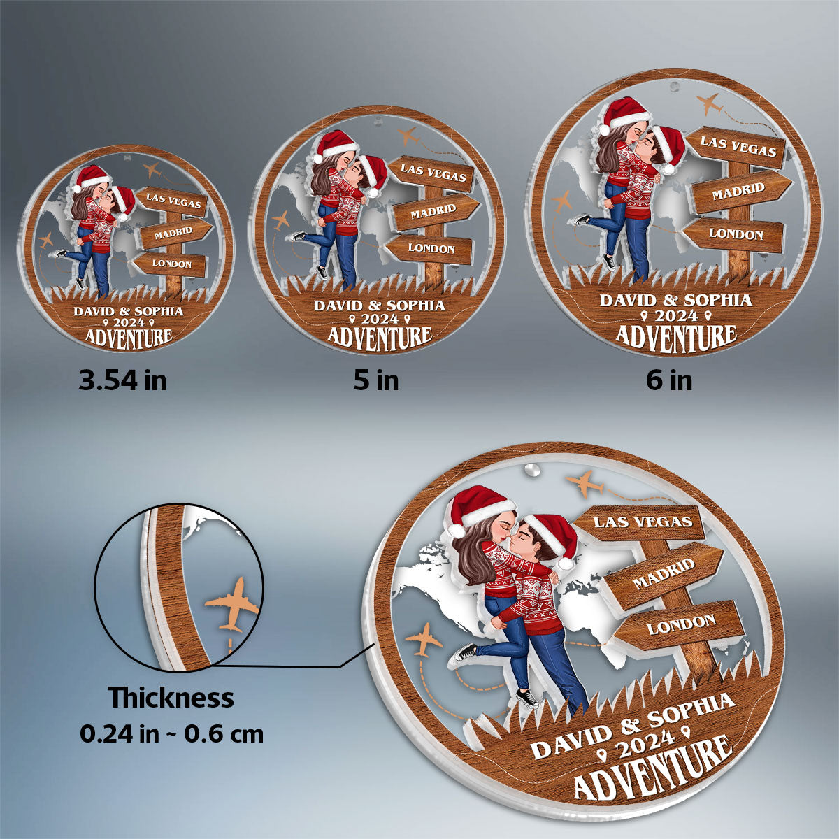 Adventure Kissing Couple Personalized 2-Layer Acrylic Ornament, Christmas Gift For Couple, Gift For Travelers
