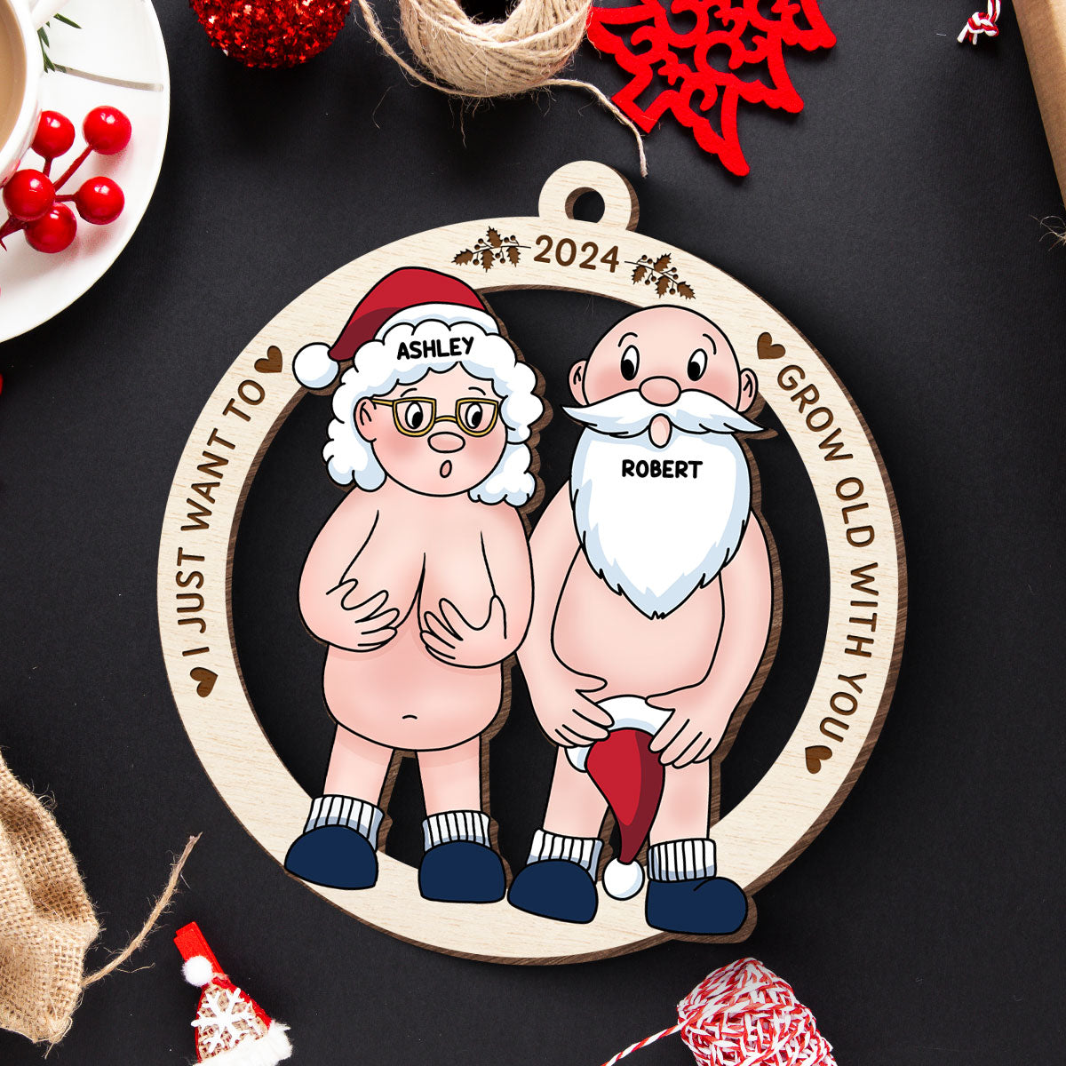 Funny Old Couple Personalized 1-Layer Wooden Ornament Christmas Gift for Him for Her