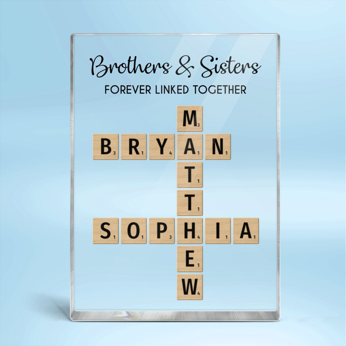 Brothers & Sisters Forever Linked Together Crossword Puzzle Art Personalized Rectangle Acrylic Block Plaque, Gift For Brothers, Sisters, Siblings, Family