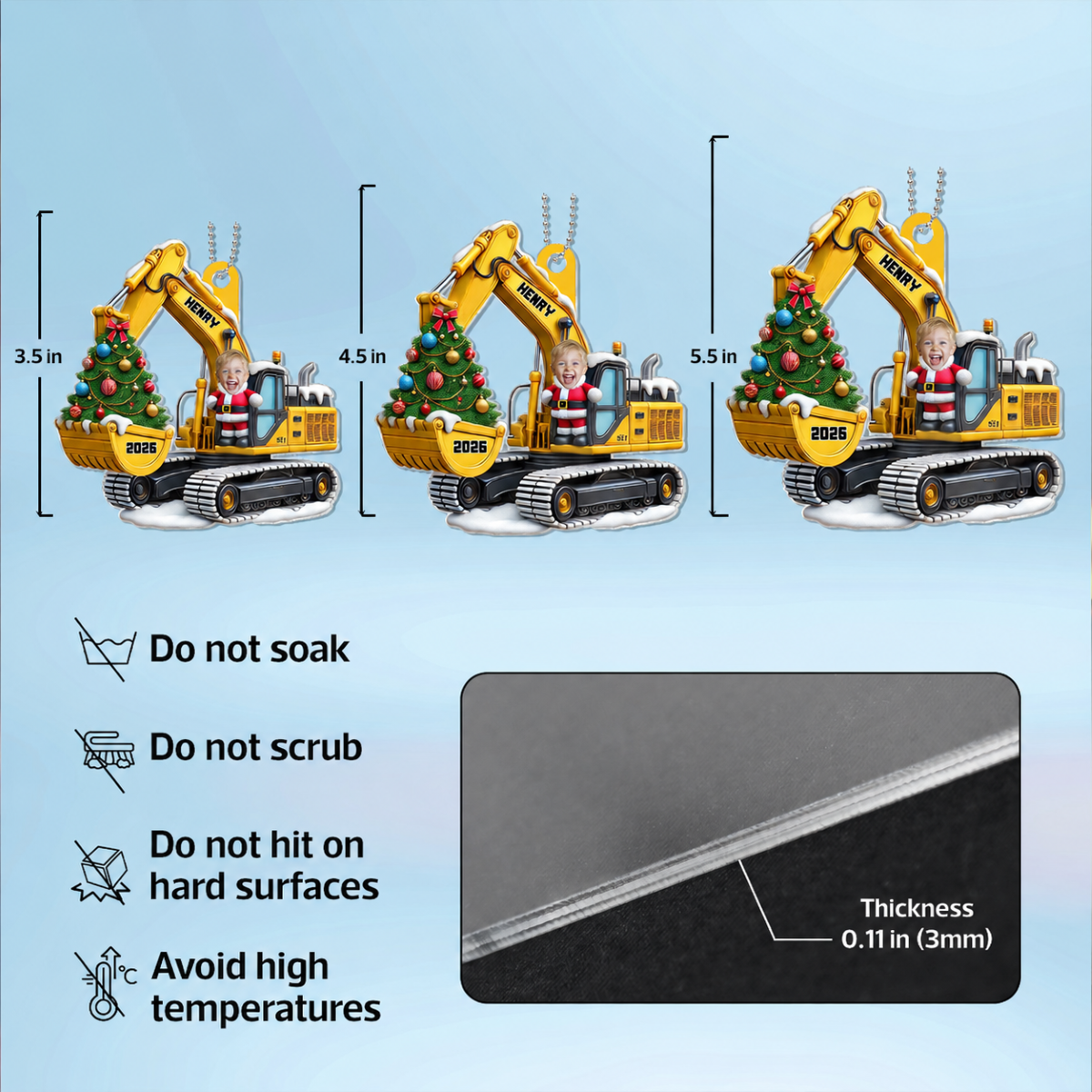 Personalized Xmas Excavator Construction Backhoe Kid Photo Ornament, 3D Effect Xmas Gift For Kids