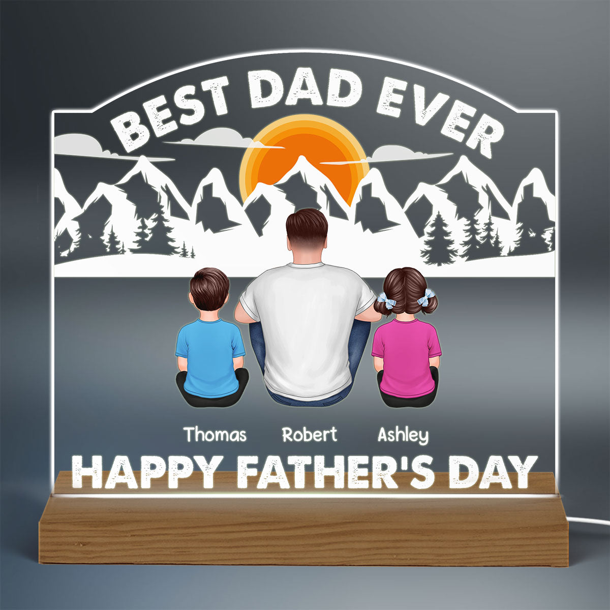 Best Dad Ever Kids Dogs Cats Back View Forest Personalized Warm Custom Shape Acrylic LED Night Light