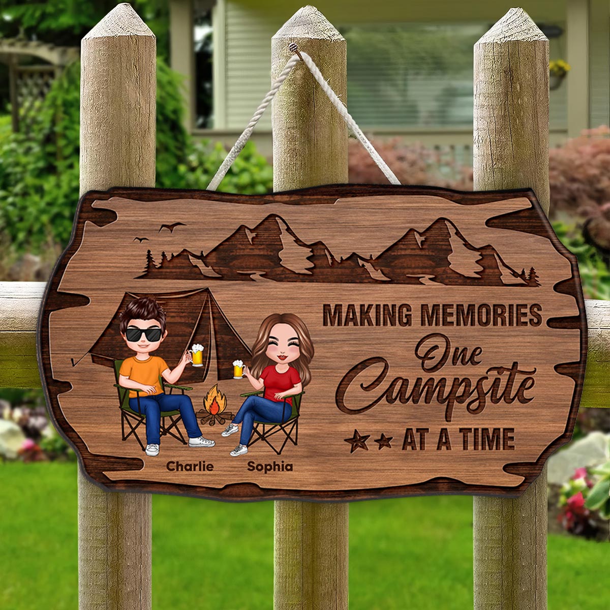 Doll Couple Camping Rustic Personalized Wood Sign