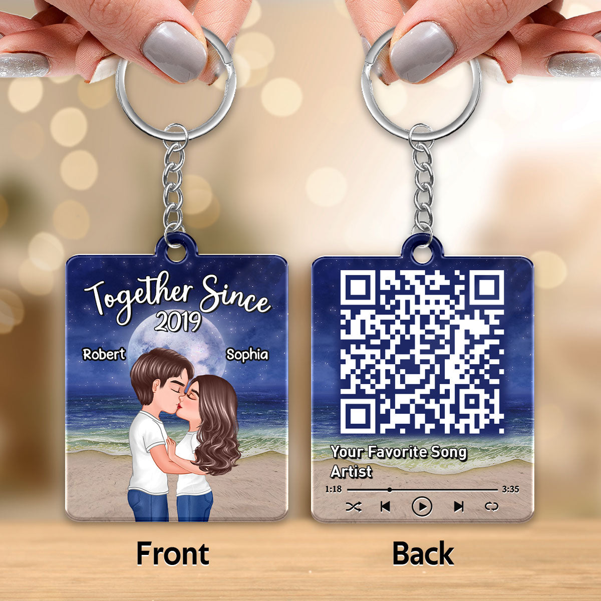 Doll Couple Kissing Night Beach Favorite Song QR Code Personalized Acrylic Keychain