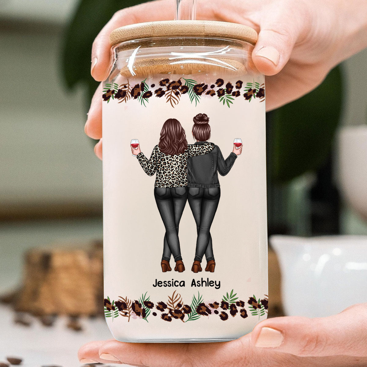 Leopard Back View Besties Personalized Clear Glass Can