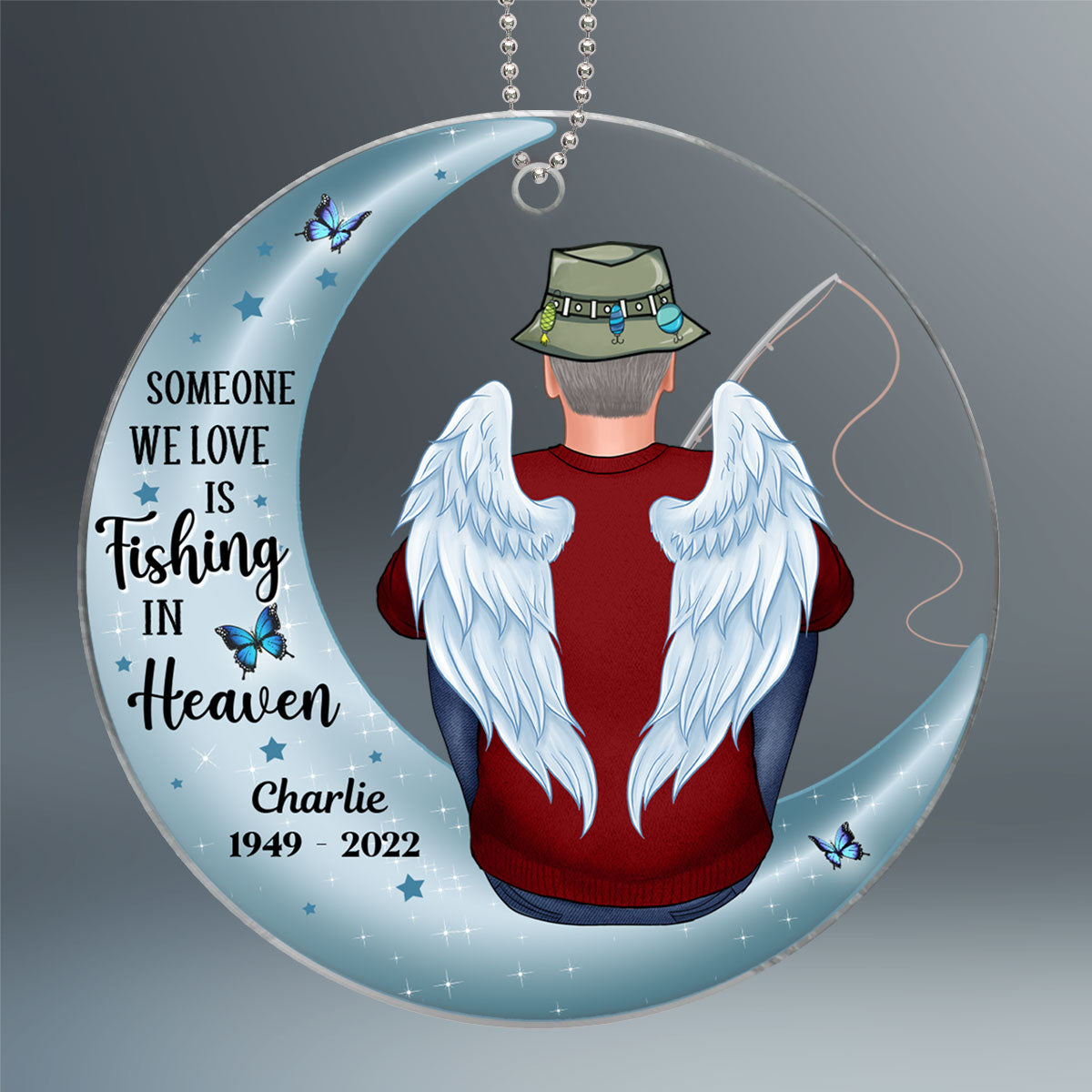 Fishing In Heaven Memorial Keepsake Moon Personalized Acrylic Ornament