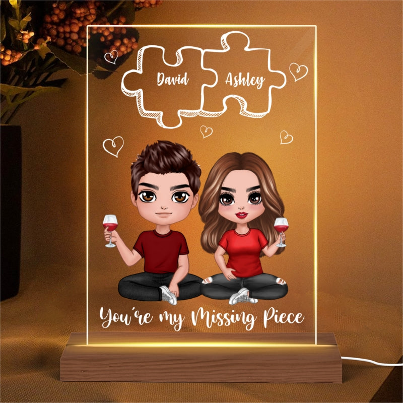 Doll Couple Sitting Missing Piece Personalized Rectangle Acrylic Plaque With LED Night Light - Valentine‘s Day Gift - Anniversary Gift For Him - Gift For Her