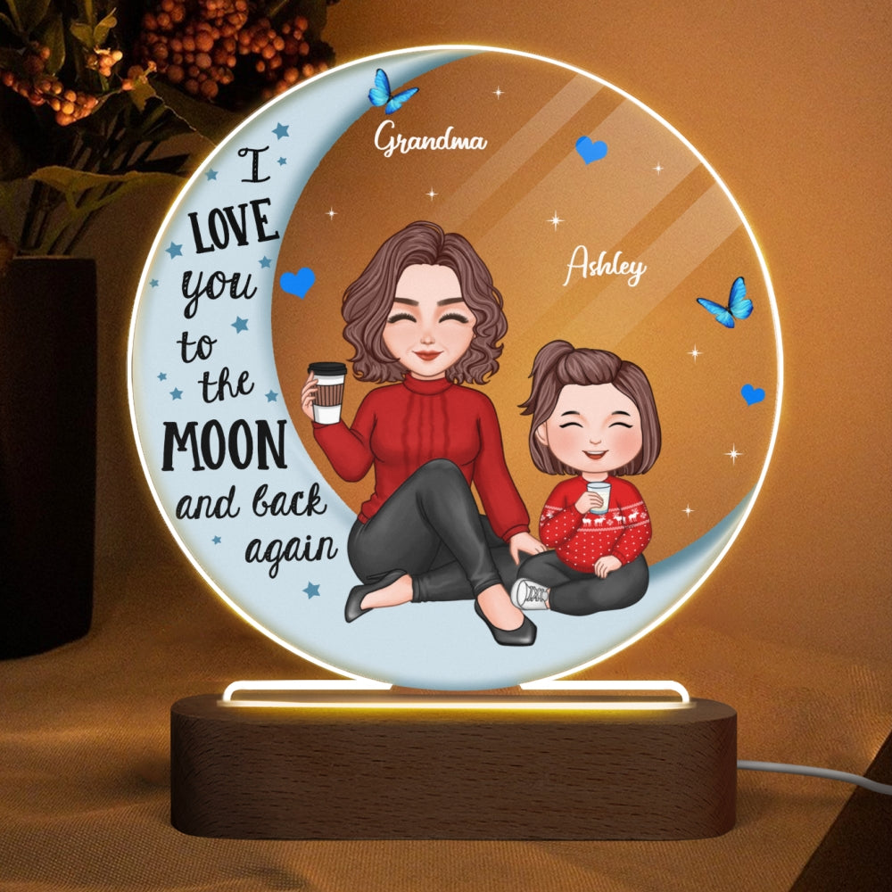 Cute Grandma Grandkids On Moon Personalized Circle Acrylic Plaque LED Night Light
