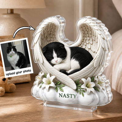 Custom Cat Angel Wings Statue - Personalized Acrylic Block Plaque - Heartfelt Pet Memorial Gift