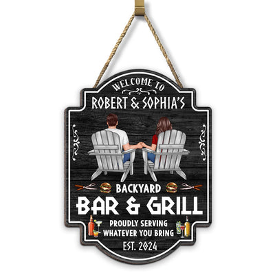 Backyard Bar & Grill Couple Sitting Personalized Wood Sign